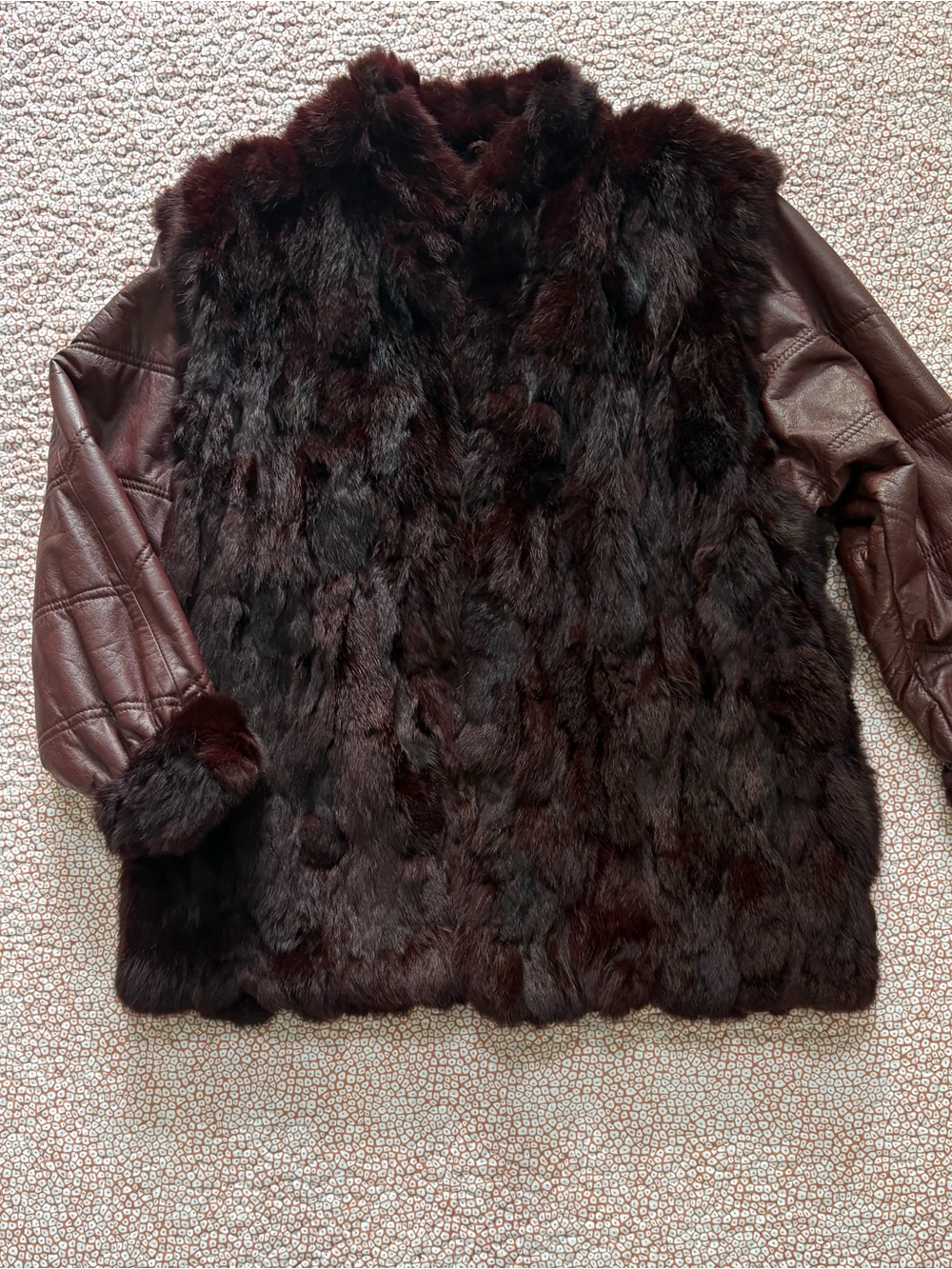 Vintage Burgundy Rabbit Fur Jacket Women’s Sz L With Removable Leather Arm